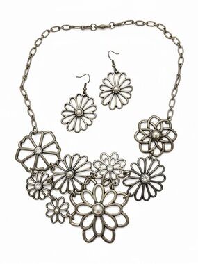 Lia Sophia Silver Floral Bib Necklace with Matching Drop Earrings